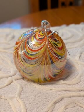 Hand Blown Swirled Glass Ornament - Yellow Multicolor. "Witch ball"